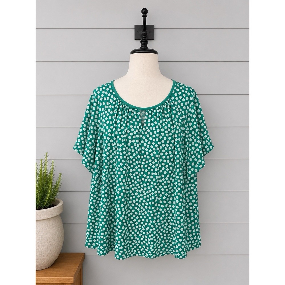 Susan Graver Liquid Knit Top Blouse‎ Size 3X Green White Flutter Sleeve Stretch